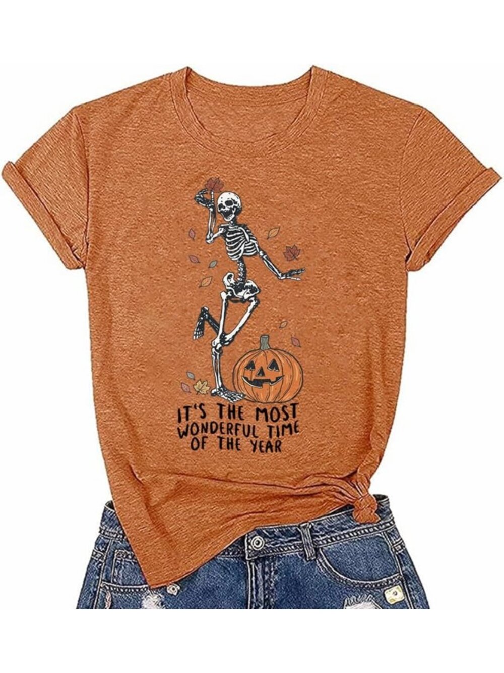🆕 Women's Orange Skeleton Most Wonderful Time Fall Halloween Graphic Tee
